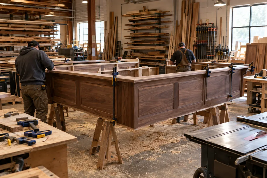 Concept image of carpenters in a woodworking shop assembling a large custom walnut restaurant bar on sawhorses.