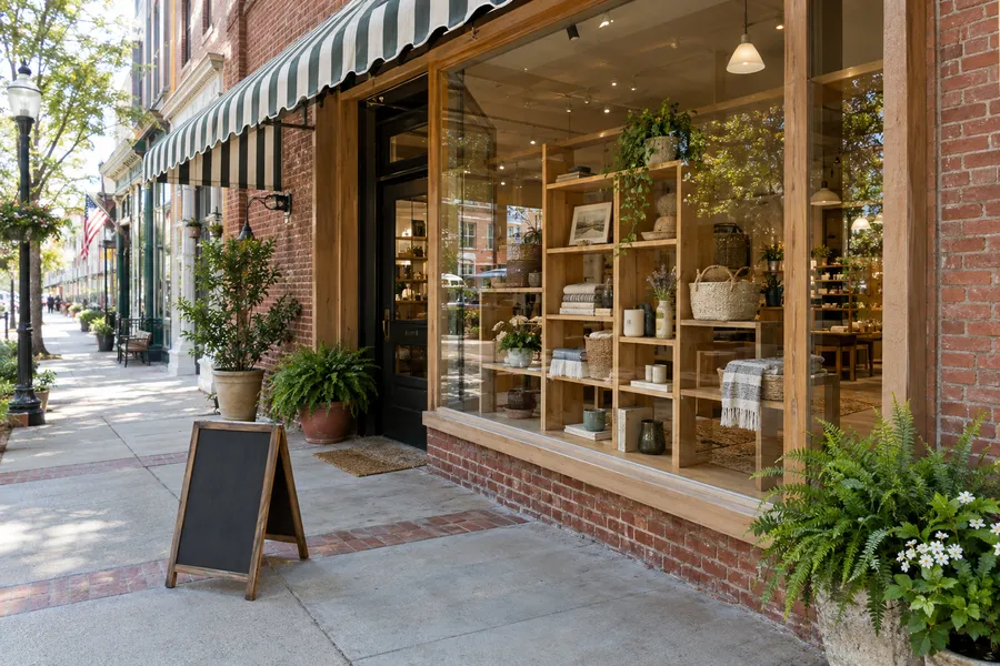 Concept image of a street-front pop-up shop in a historic brick storefront with a wood display window, striped awning and planters.