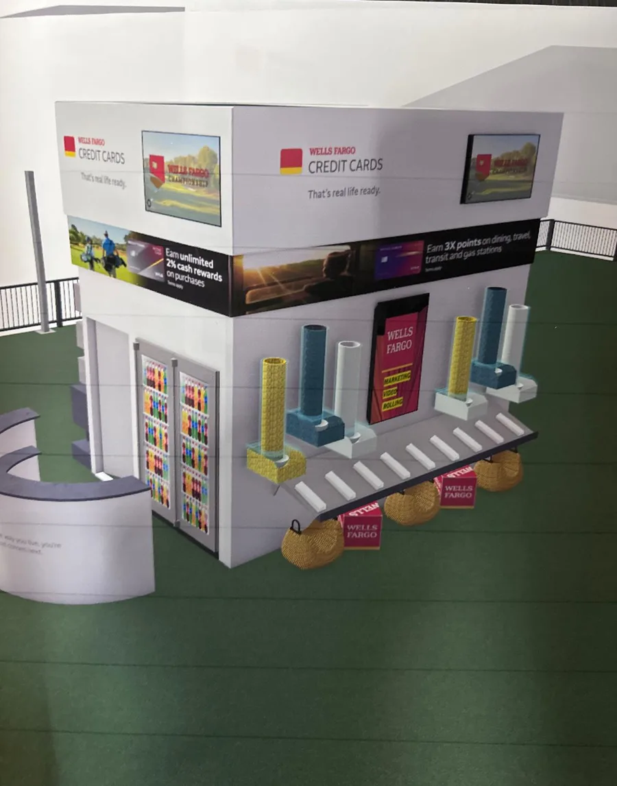 CCI Events design rendering of the Wells Fargo Credit Cards activation tower with candy dispensers, card displays and a branded header.